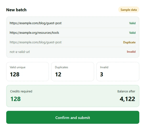 Batch backlink indexing form showing URL validation and credit count